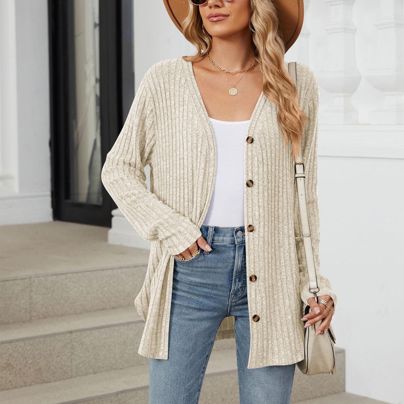 Женская модная повседневная однотонная куртка-кардиган на пуговицах с длинными рукавами — фото 7
