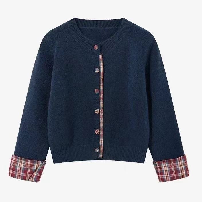

2025 autumn and winter college style fake two-piece knitted cardigan women s loose casual plaid splicing sweater jacket women s clothing one size fits all