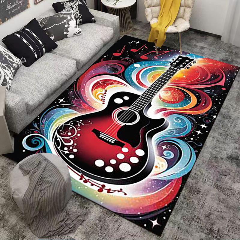 Colorful Guitar Design Carpet with Music Notes and Swirling Pattern Suitable for use as an anti-slip for living room bedroom sofas