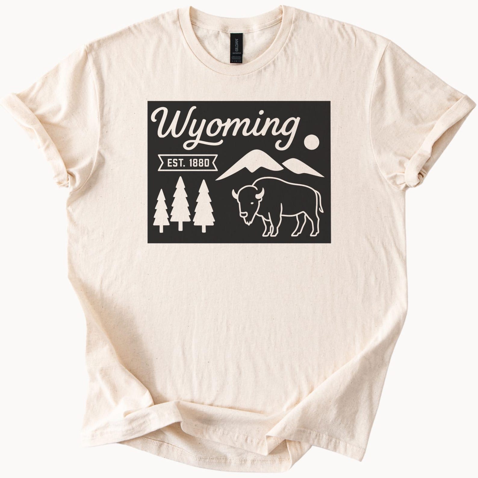 Wyoming Graphic T Shirt Buffalo Mountains Pine Trees Sun Est 1880 Nature Illustration Western Adventure Outdoorsy Apparel 130