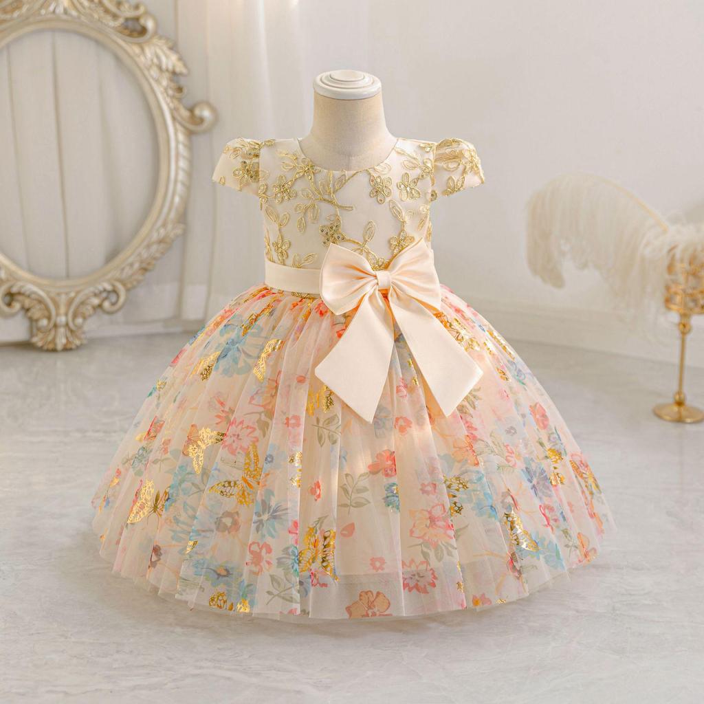 Girls' Puff Tulle Princess Dress with Bowknot for Birthdays & Events