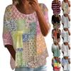 Women's Casual Fashion Three-quarter Sleeve Loose Round Neck Button Plaid Print Top