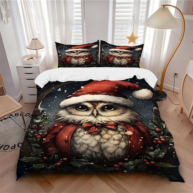 3-teiliges Weihnachts-Eulen-Bettwäsche-Set mit 1 Bettbezug & 2 Kissenbezügen (Kein Kern) - Festliches Geschenk für Schlafzimmerdekoration, Anime-Cartoon-Design, Polyesterstoff