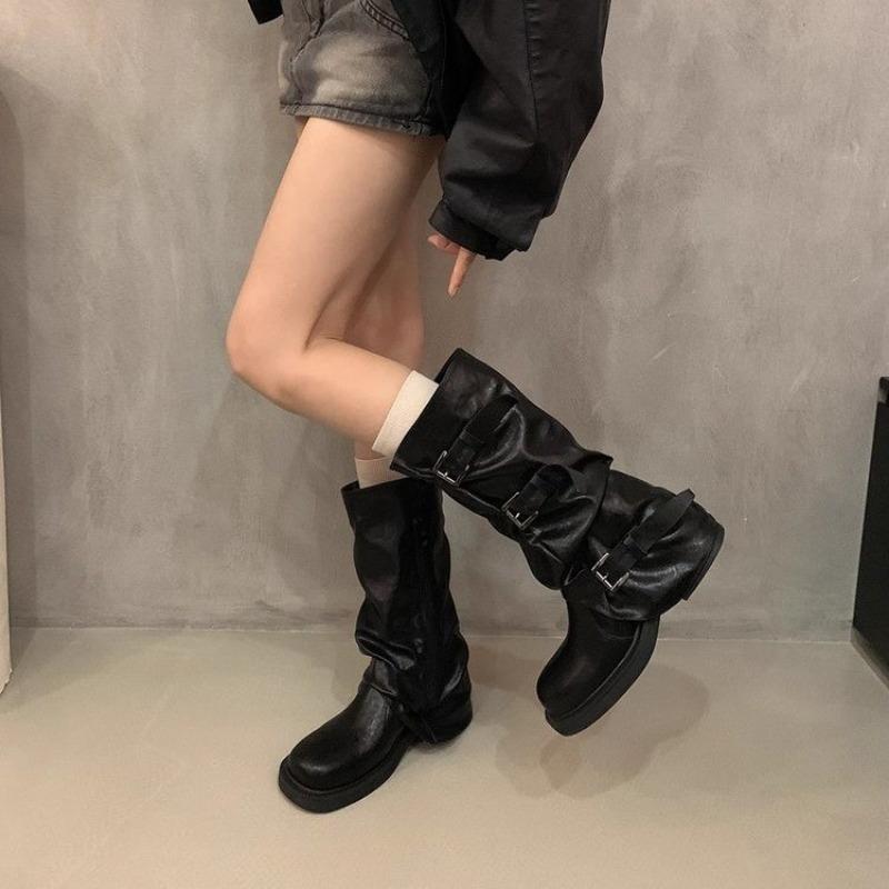 Fashion New Style Women's Hot Sale Knee High Heels Low Heels Trend Punk Goth Rock Leather Fashionable Women Boots Motorcycle Shoes Boots