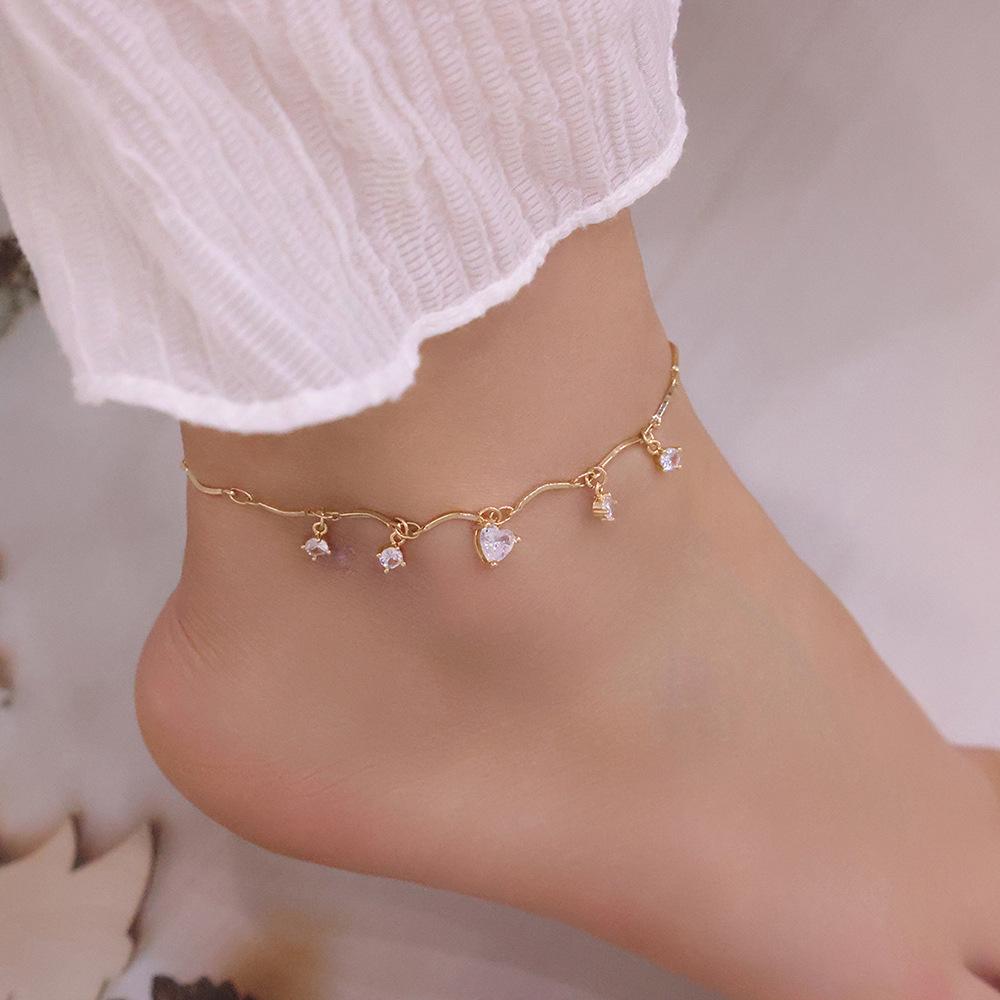 French Elegance Heart Zircon Anklet: Summer Beach Style, Simple & Versatile Foot Jewelry.