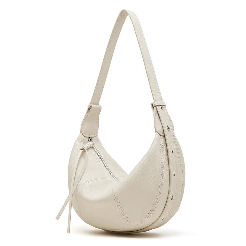 2026 New Top Grain Leather Croissant Dumpling Bag Unique Solid Color Shoulder Crossbody Bag Women Practical Commuting Handbag