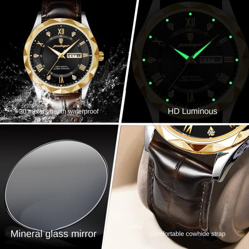 Top Neue Ledergürtel Herrenuhr Luxus Mode Quarz Doppelkalender Armbanduhr