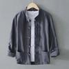 Men's Long Sleeve Frog Button Loose Blouse Oversized Linen Shier Collarless Autumn Spring