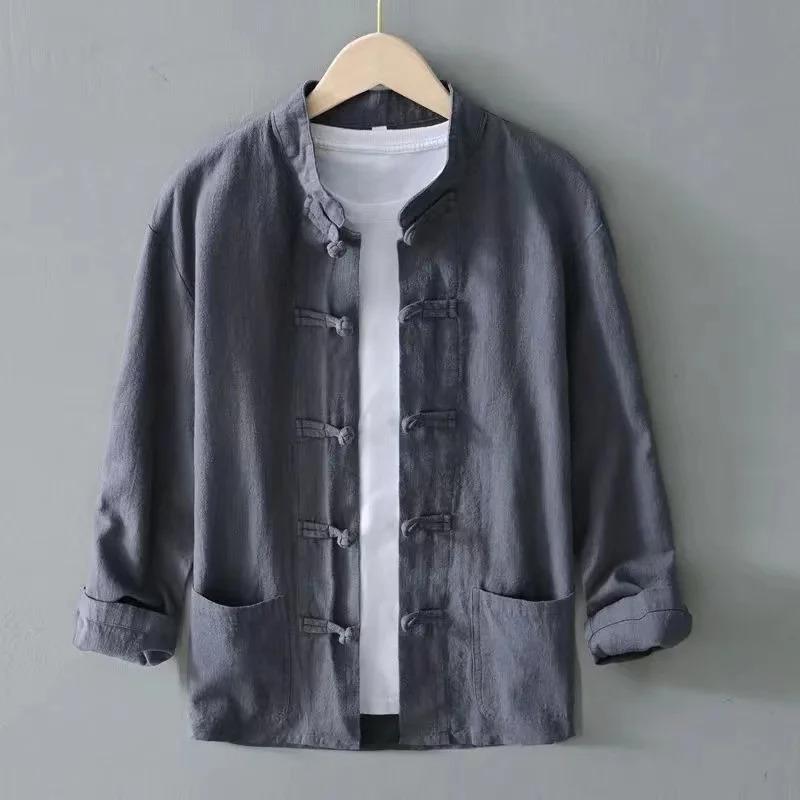 Men's Long Sleeve Frog Button Loose Blouse Oversized Linen Shier Collarless Autumn Spring