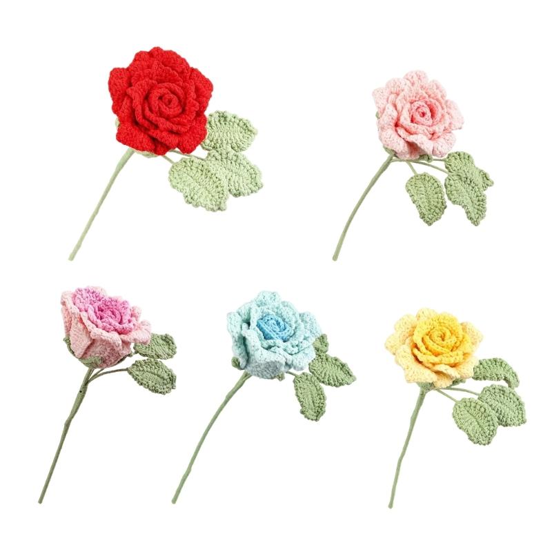 Handmade Knitted Flower Crochet Rose Flowers Artificial Flowers Home Decors Single Rose Flower Gift for Birthday Wedding