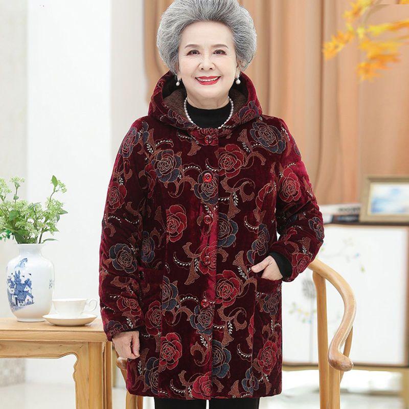 Winterjacke für ältere Damen, 5XL, warme Oberbekleidung für ältere Menschen, dicke warme Parkas mit Samtkapuze, Oma-Parka
