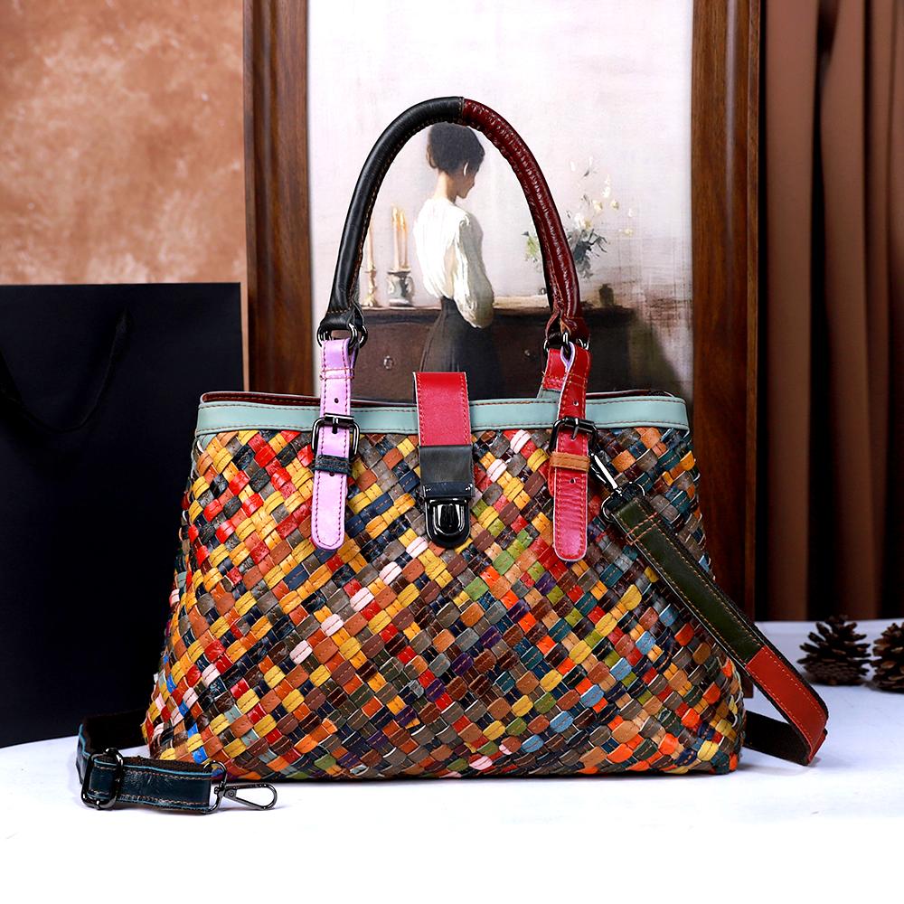 Fashion Handcrafted Leather Basket Weave Handbag Large Capacity Single Shoulder Slant Cross Bag Simple Retro Style