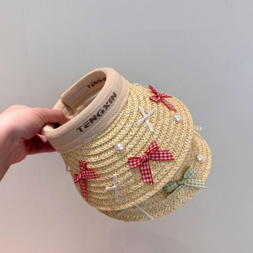 Bowknot Large Brim Sun Visor Cap Wide Brim Empty Top Baseball Cap Kids Summer Straw Hat  Beach