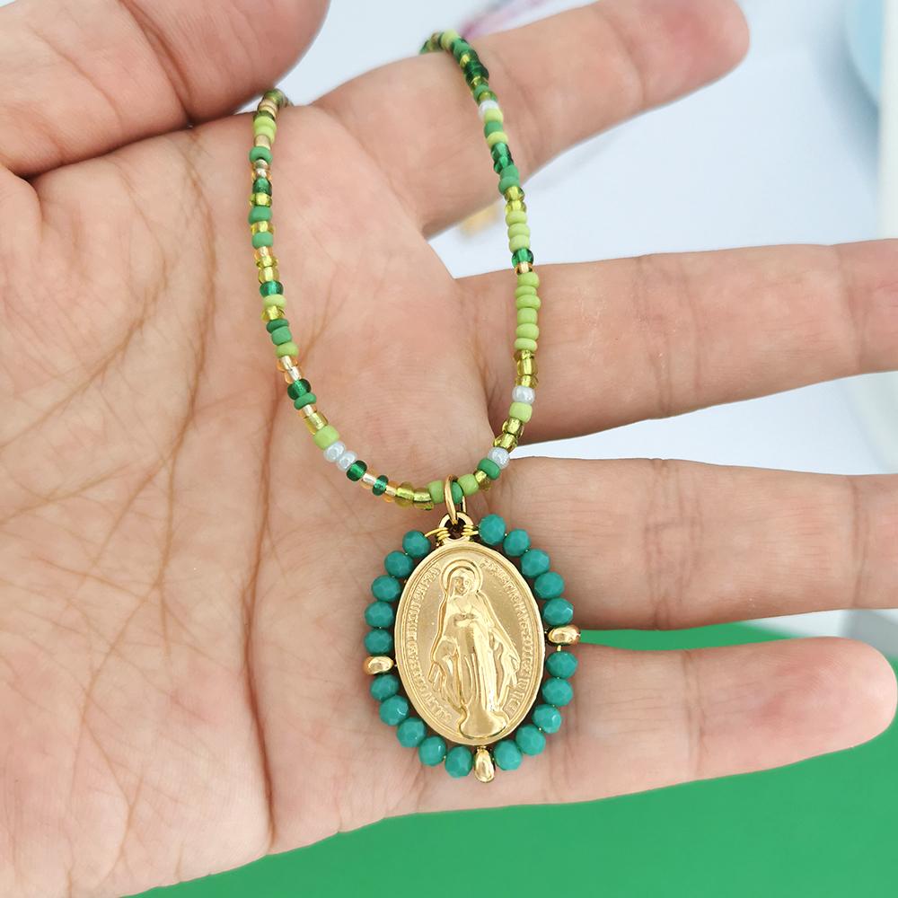 

QMHJE Virgin Mary Stainless Steel Pendant Charm Necklace Women Choker Beads Chain Gold Silver Color Rainbow Colorful Jewelry