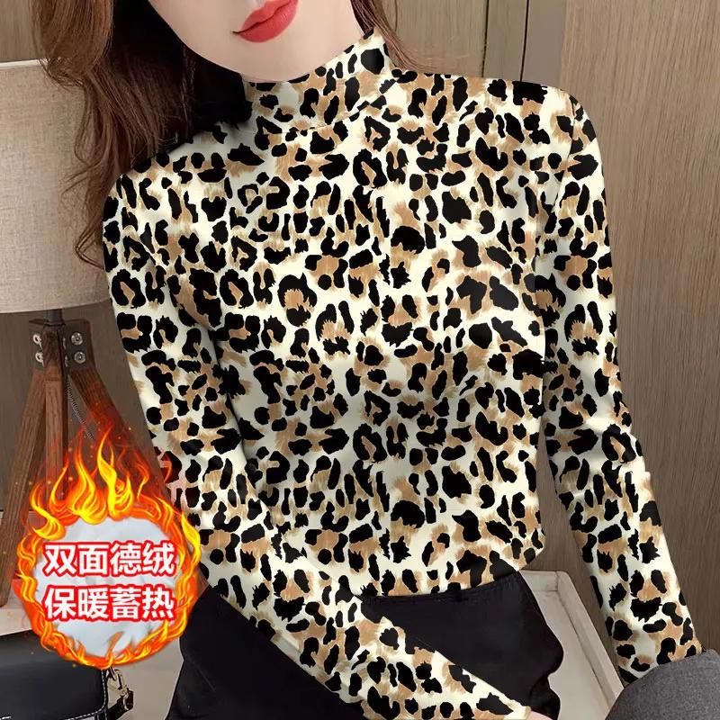 Dámské zimní sametové základní tričko teplé s polovičním rolákem a dlouhým rukávem módní retro tričko s leopardím potiskem