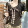 Design sense Chic bow lace-up long-sleeved T-shirt women's autumn new Korean plaid splicing fake two-piece top