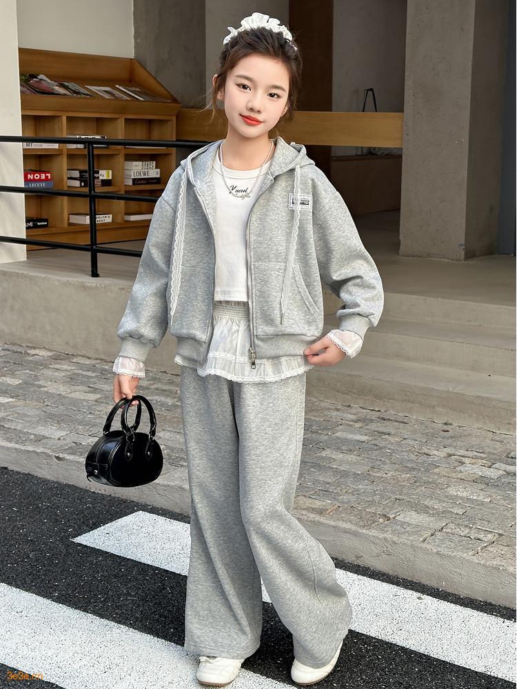 2025 New Style Girls' Hooded Sweatshirt & Wide-Leg Pants Two-Piece Set for Spring and Autumn