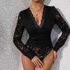 Sexy Lace Long Sleeve Fitted Bodysuit, Black Solid Lingerie Inner Top, European American Style Women's Cami Bodysuit for Daily Wear