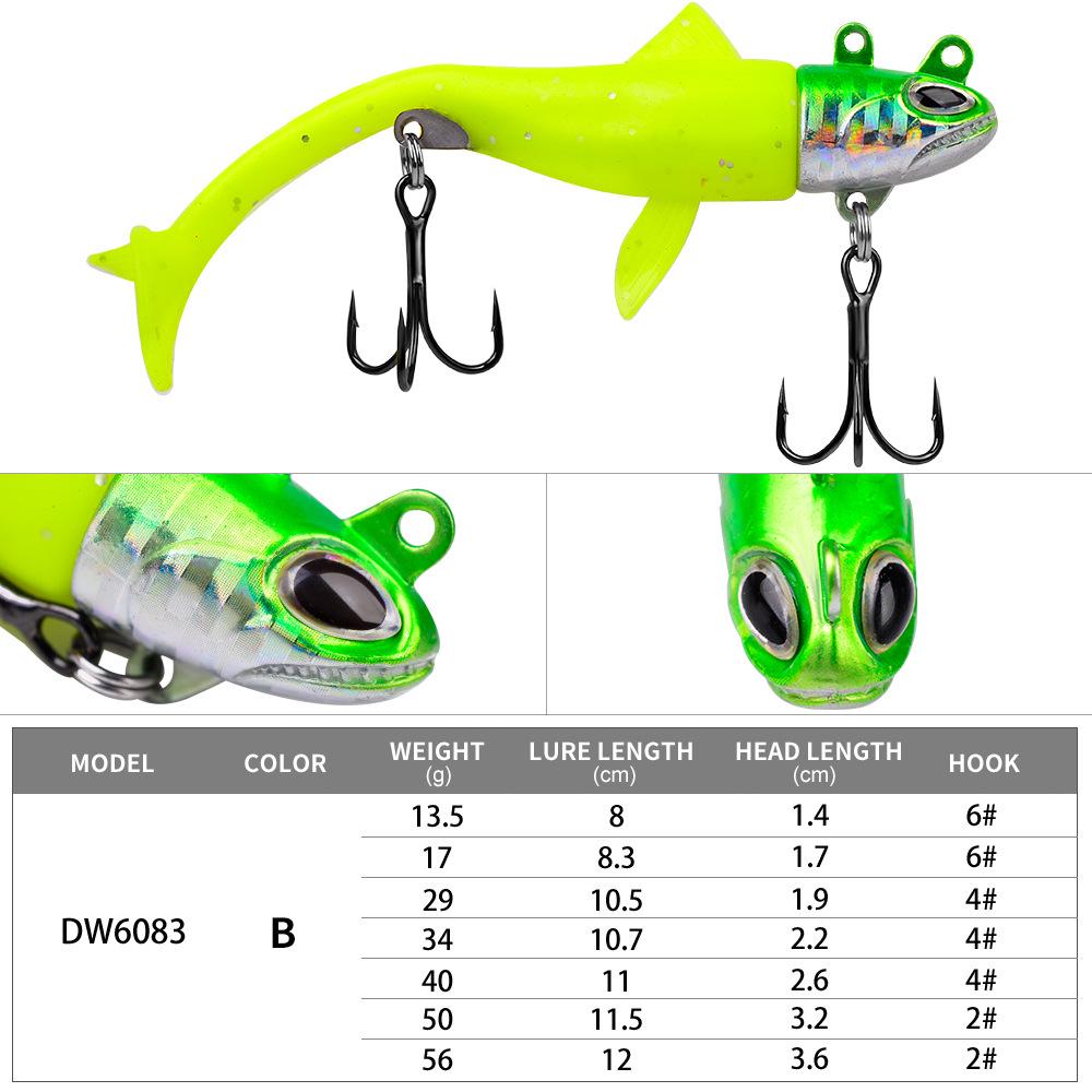 Miękka przynęta w kształcie ryby z ogonem T, z główką ołowianą i kotwiczką, do wędkowania w wodach słodkich/słonych