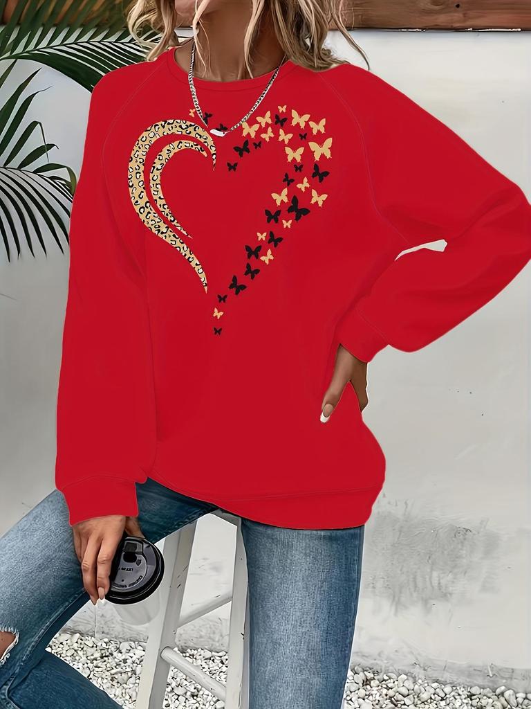 Damen Hoodie mit Herz- und Schmetterlingsprint - Mehrfarbig, Rundhalsausschnitt, Langarm, Lässiges vielseitiges Oberteil.