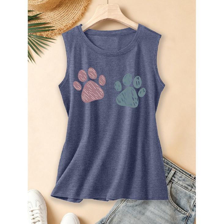 2026 Vintage Two Tone Hand Painted Paw Print Women Sleeveless Vest Round Neck Daily Commute Spring Summer Autumn Tank Top
