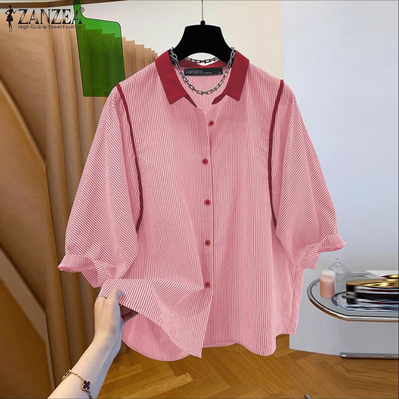 ZANZEA Women Turn Down Collar Loose Casual 3/4 Sleeve Stripe Blouse
