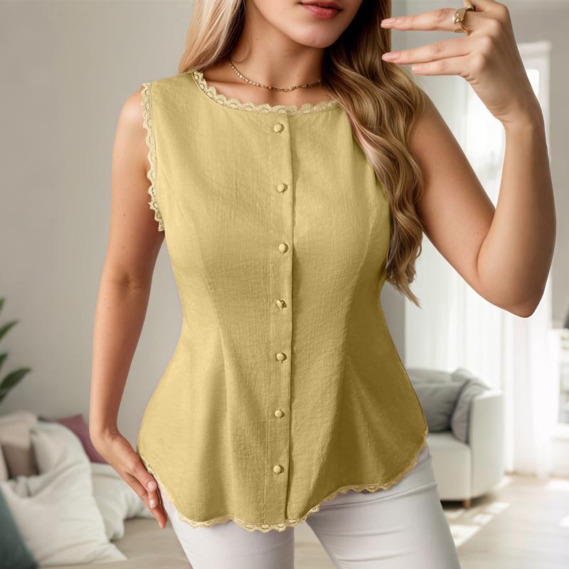 

ZANZEA Женская повседневная блузка с круглым вырезом без рукавов с кружевной вставкой