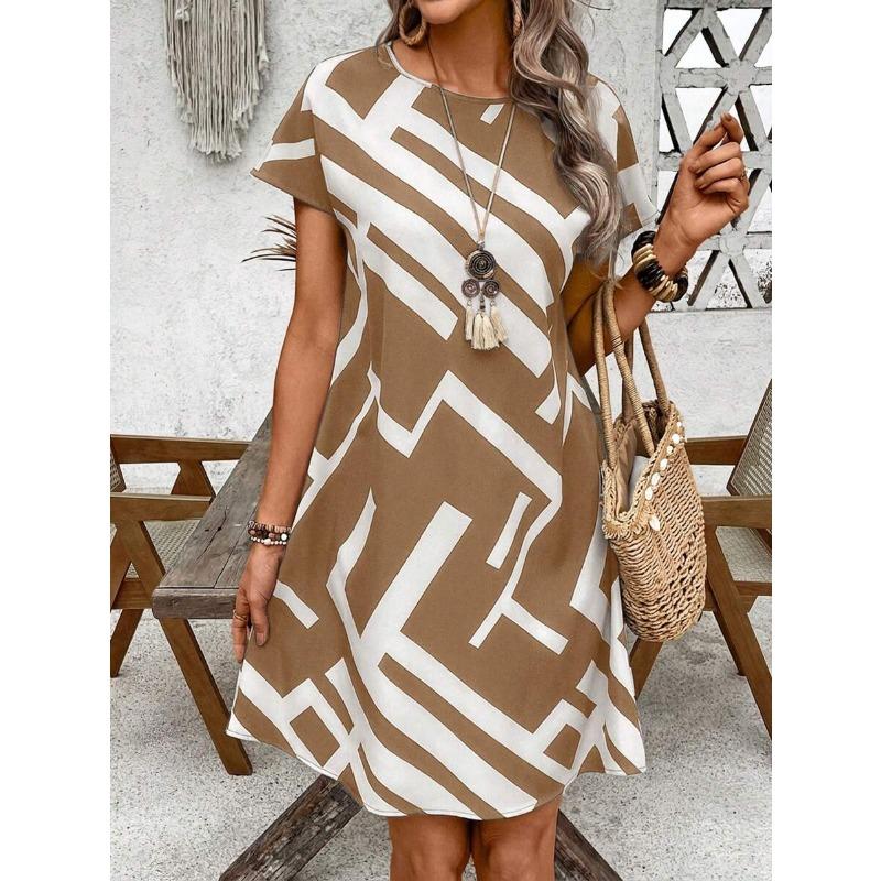 Women's Casual Geometric Print Short Sleeve A-Line Dress, Summer Boho Style
