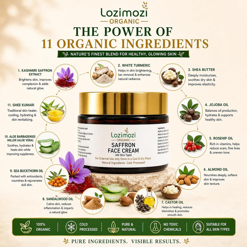 LOZIMOZI Crema Biologica allo Zafferano Giorno Notte - Idratante Illuminante per un Tono Uniforme e Luminosità Naturale - Depigmentante Nutriente con SPF Da
