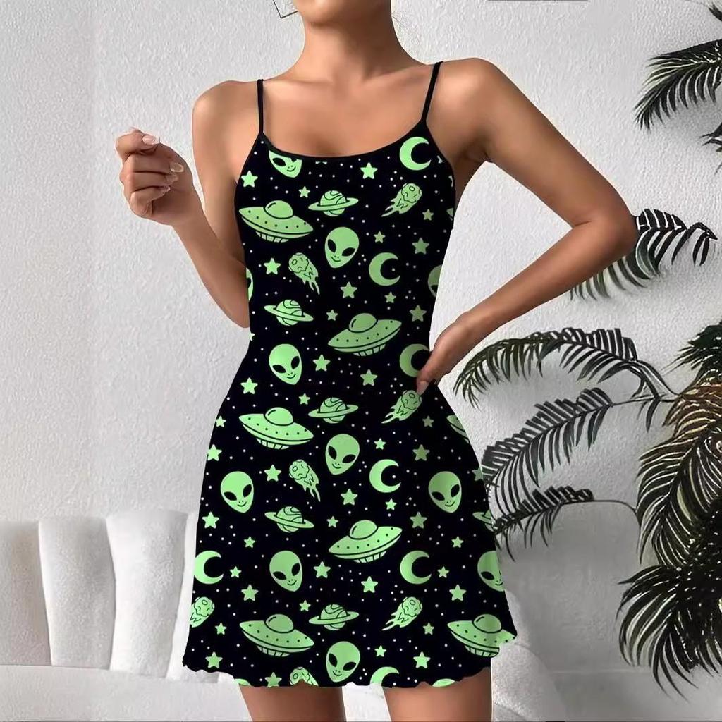 Women's Butterfly Print Camisole Nightgown Casual Home Sleeping Dress for Spring and Summer