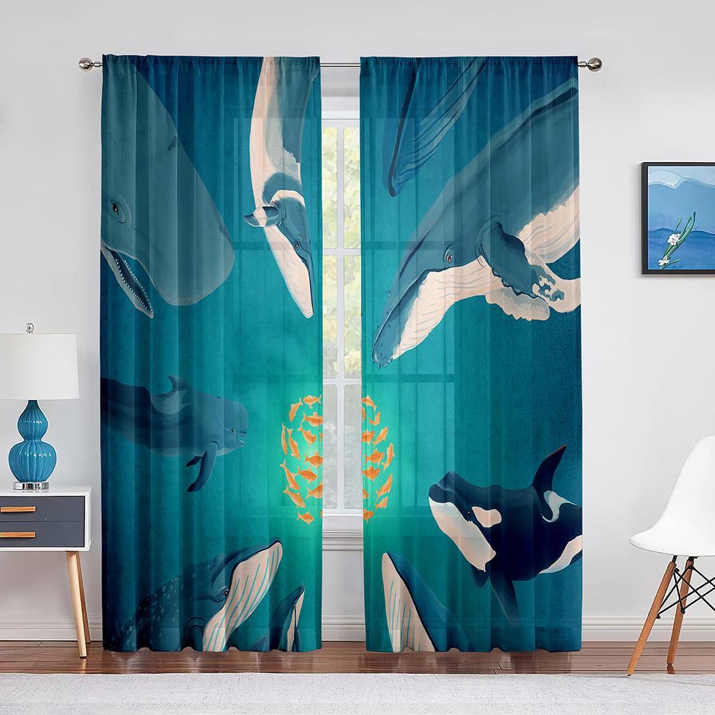 Cartoon Ocean Animal Sheer Voile Curtain Dolphin Sea Lion Whale Window Tulle Curtains for Living Room Kids Bedroom Kitchen Decor