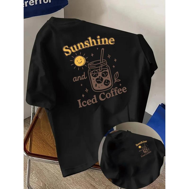 Camiseta con Estampado de Sol y Café Helado, Manga Corta, Cuello Redondo, Top Casual para Verano y Primavera, Ropa de Mujer