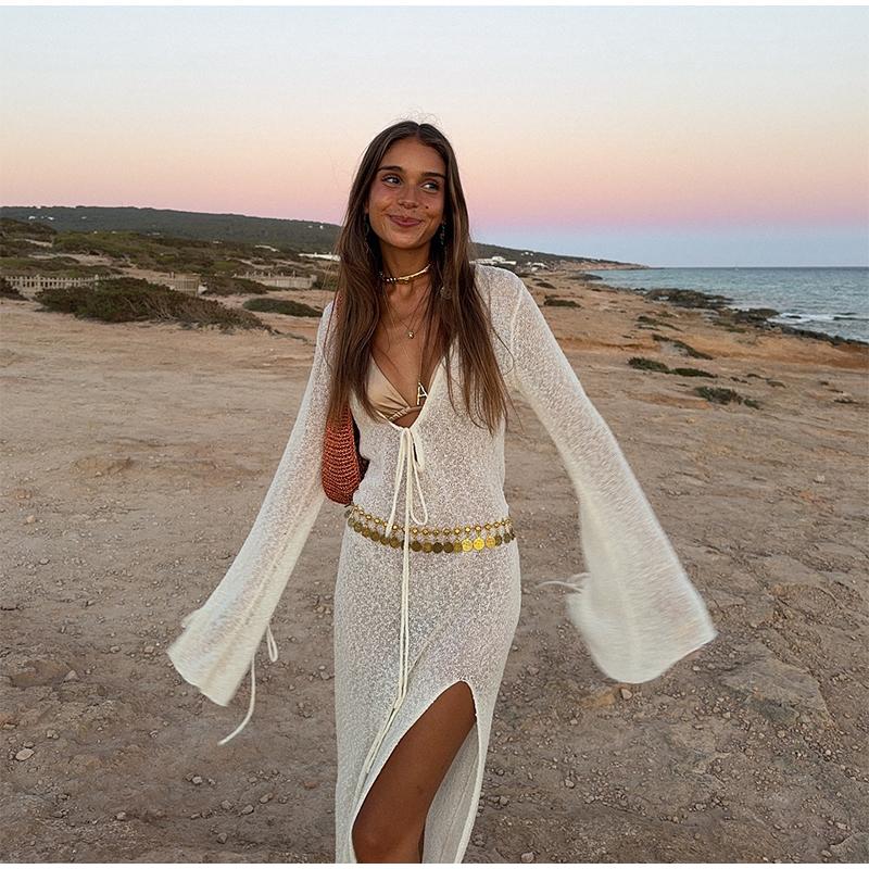 New Beach Dress Sexy Hollow See-through Sunscreen Clothing Spring and Summer Knitted Seaside Vacation Long Skirt