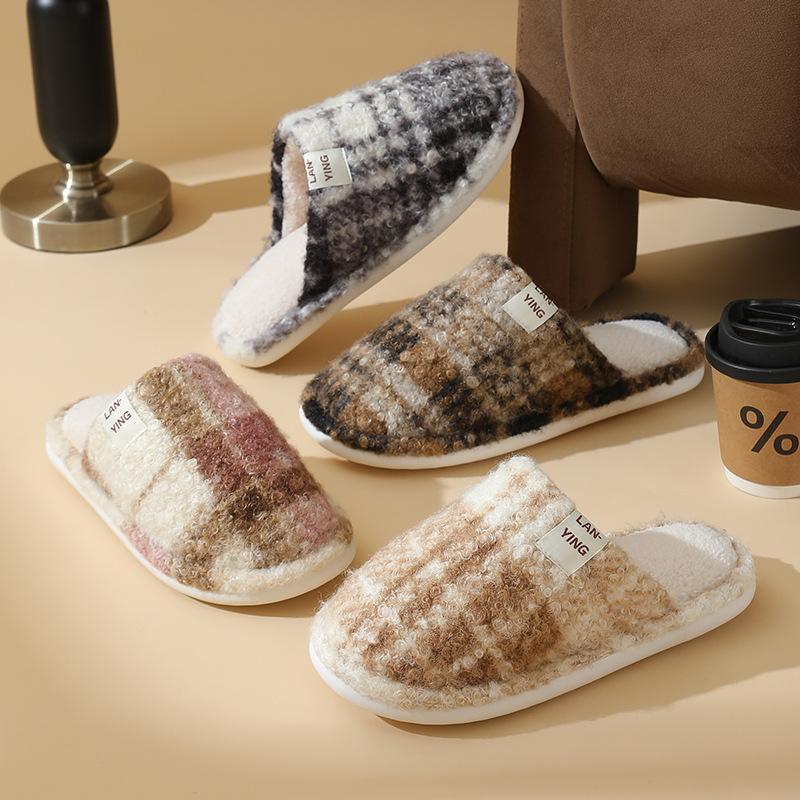 New classic plaid cotton slippers autumn and winter home use couple silent non-slip velvet warm fluff mop