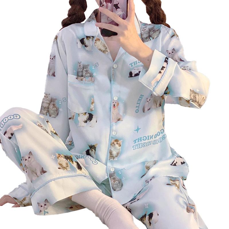 Sweet Girl Ice Silk Pajamas Women'S Spring And Autumn Long-Sleeved Cute Cat Casual Loose Two-Piece Loungewear