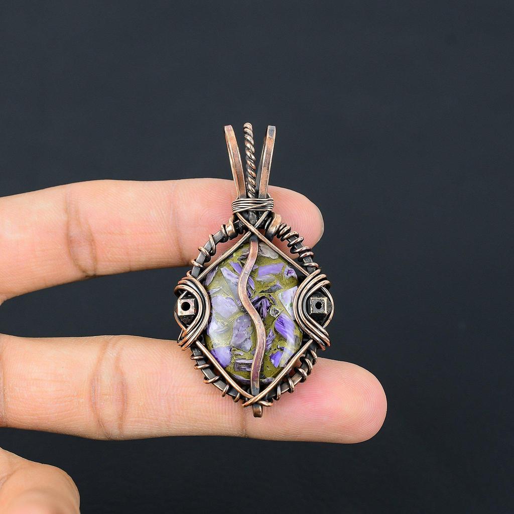 Copper Charoite Pendant Gemstone Jewelry, 999 Copper Wire Wrapped Pendant, Handmade Gift For Wife Pendant Jewelry