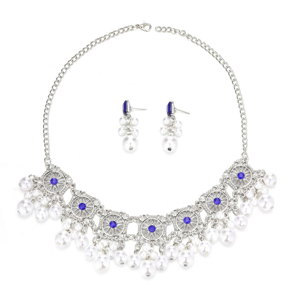 Woman Vintage Hollow Jewelry Sets Simulated Pearl Tassel Necklace Earrings