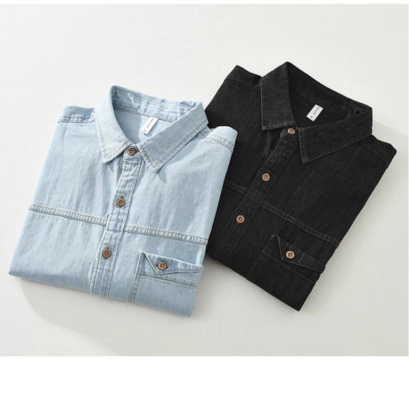 Korean Retro Style Mens Long Sleeve Denim Shirt Pure Cotton Jean Shirt Spring and Summer Casual Shirt Lapel Collar