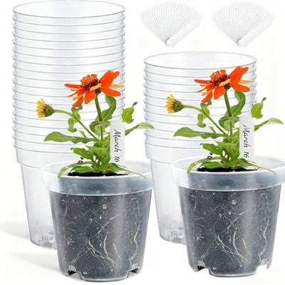 30Pcs Clear Hard Plastic Flower Pots with Drainage Holes and 50Pcs Plant Labels for Indoor and Outdoor Gardening