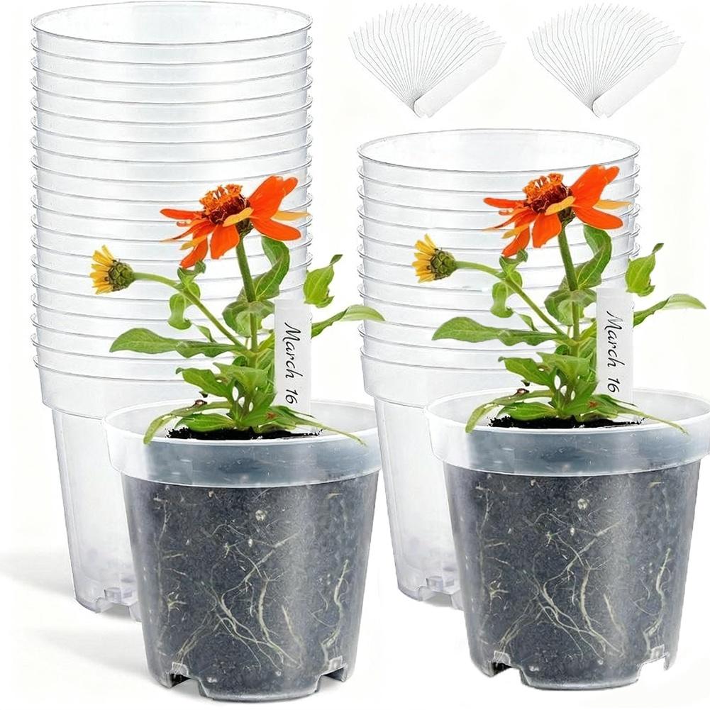 Flower Pots Set of 30 Clear Plastic Pots with Drainage Holes and 50 Plant Labels for Garden and Plant Organization