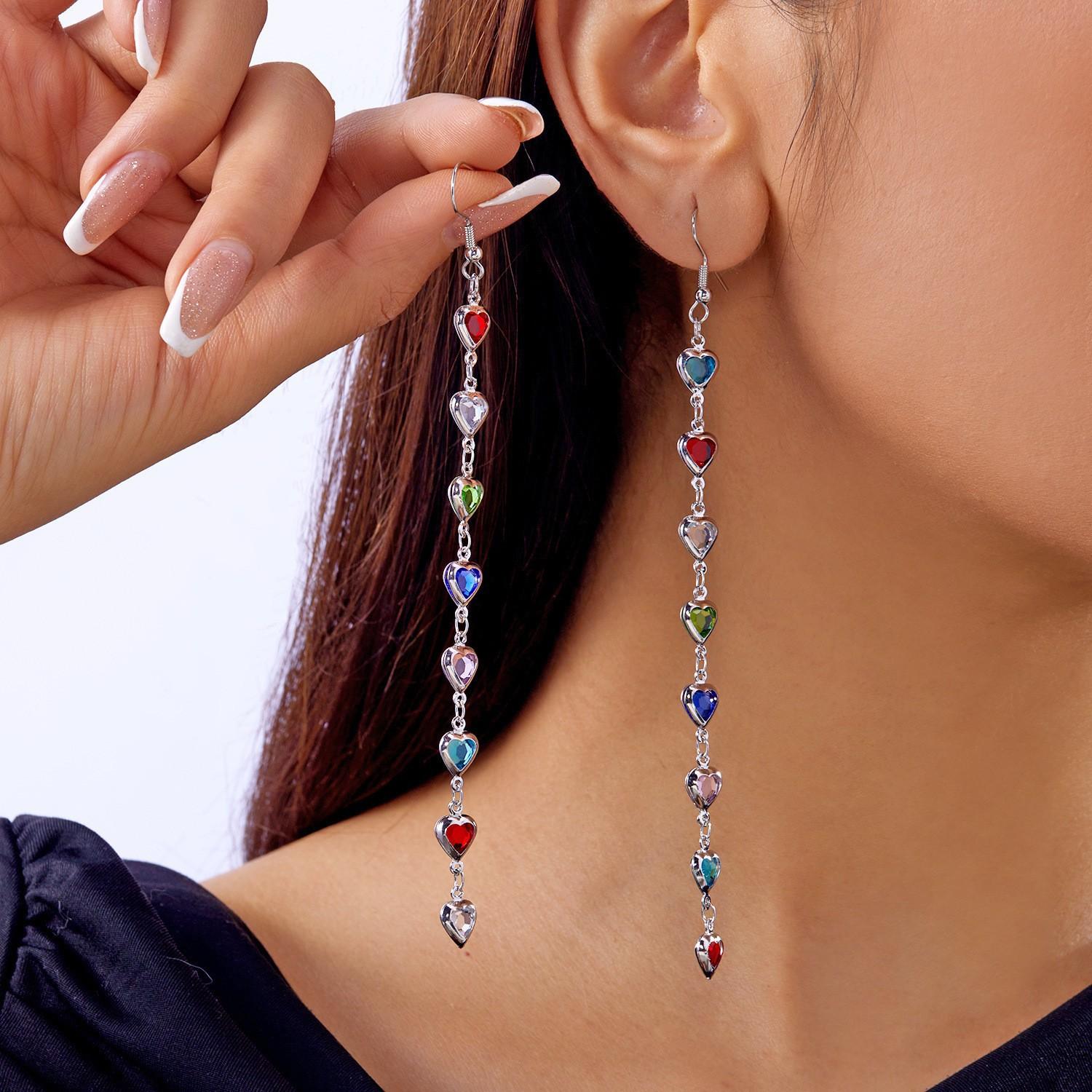 Popular new love hemming fringed earrings colorful geometric fashion round colored diamonds sweet long earrings women