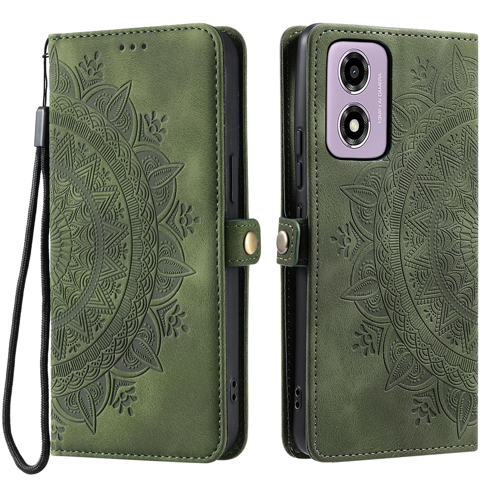 

Style 016 For Motorola Moto E14 4G/G24 4G/G04 4G Case Skin Feel Totem Imprinted Wallet Leather Phone Cover Blackish Green