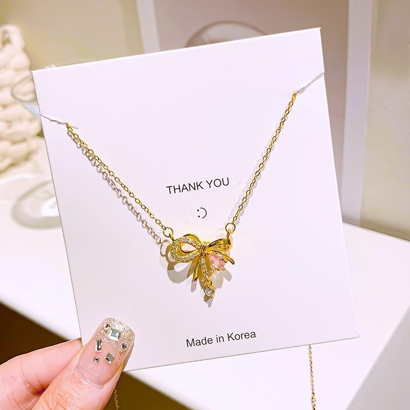 1 Pcs Pink Diamond Bow Copper Pendant Necklace Light Luxury Style Niche Sweet Hundred Necklace