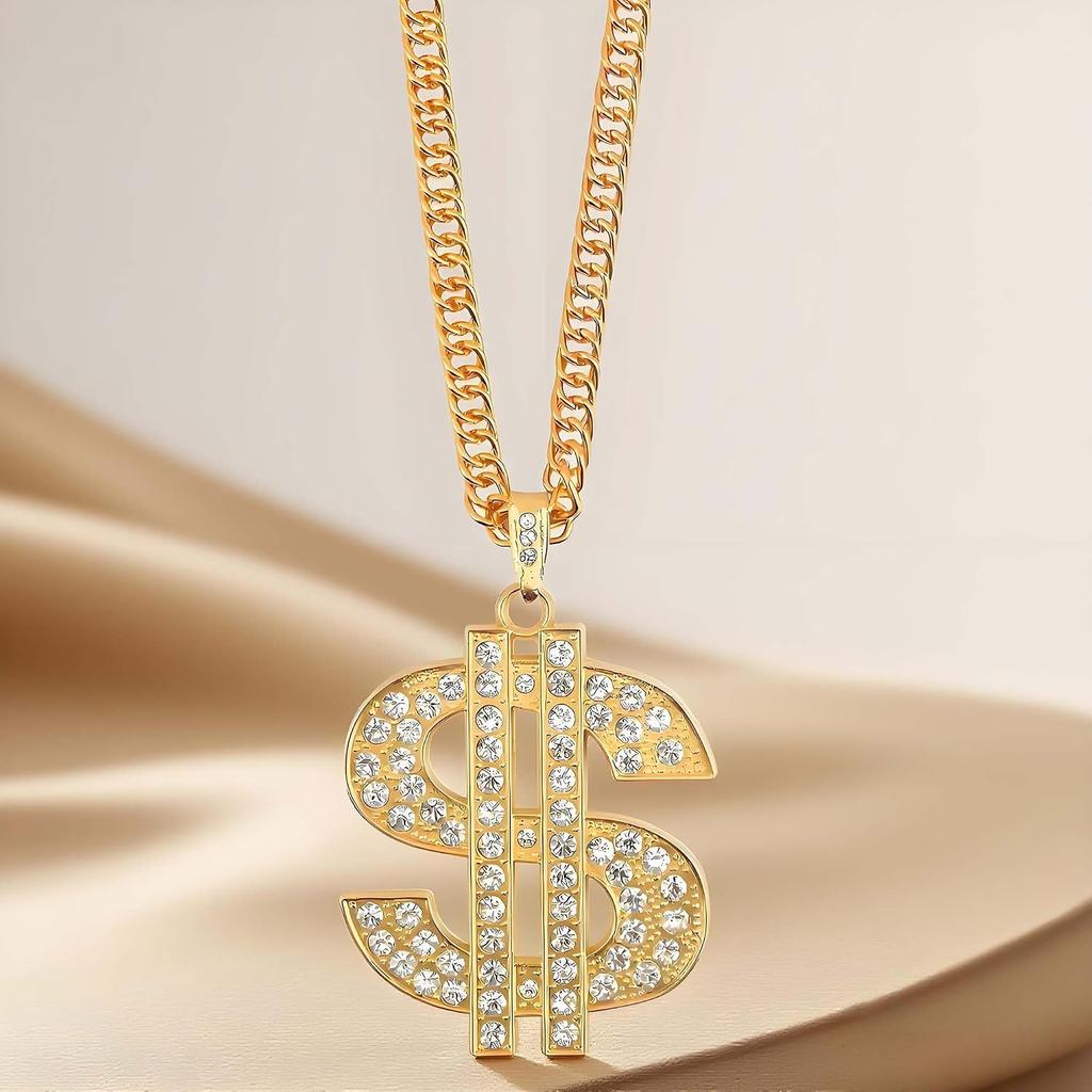 Money Chain Necklace Dollar Sign Chain Gold Dollar Sign Necklace Hip Hop Gold Money Chains For Men With Pendant, Long Big Fake Gold Necklace