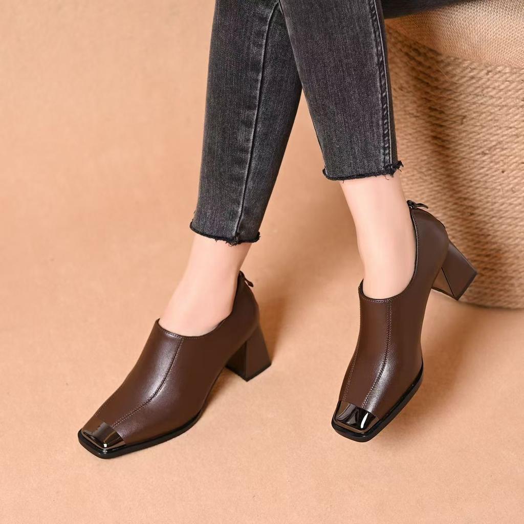 Spring 2025 new French retro square head deep mouth single shoes women's thick heel soft leather casual fashion high heels women's