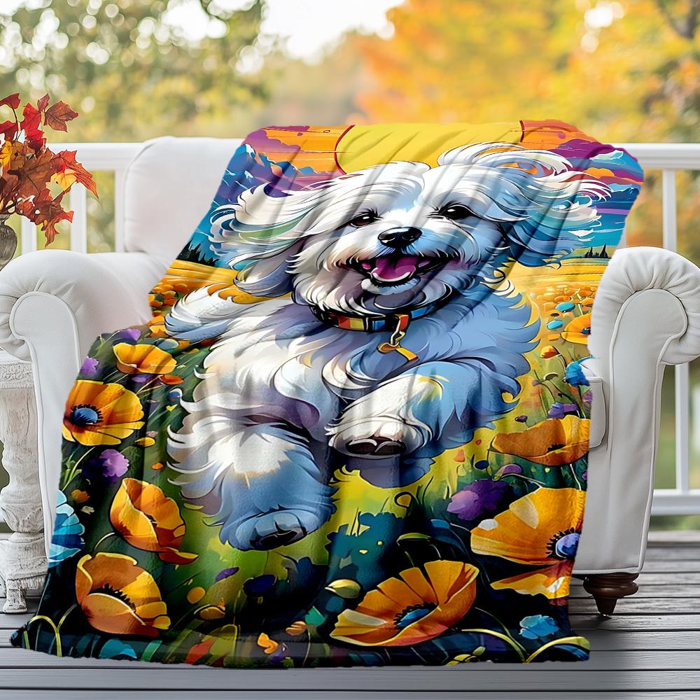1pc Dog Flower Outdoor Flannel Blanket Soft Warm All-Season Throw for Sofa Bed Car Camping Office, Cozy Gift Idea1130S