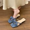 Bow low heel one-word slippers women's summer new square head open-toed temperament versatile sandals