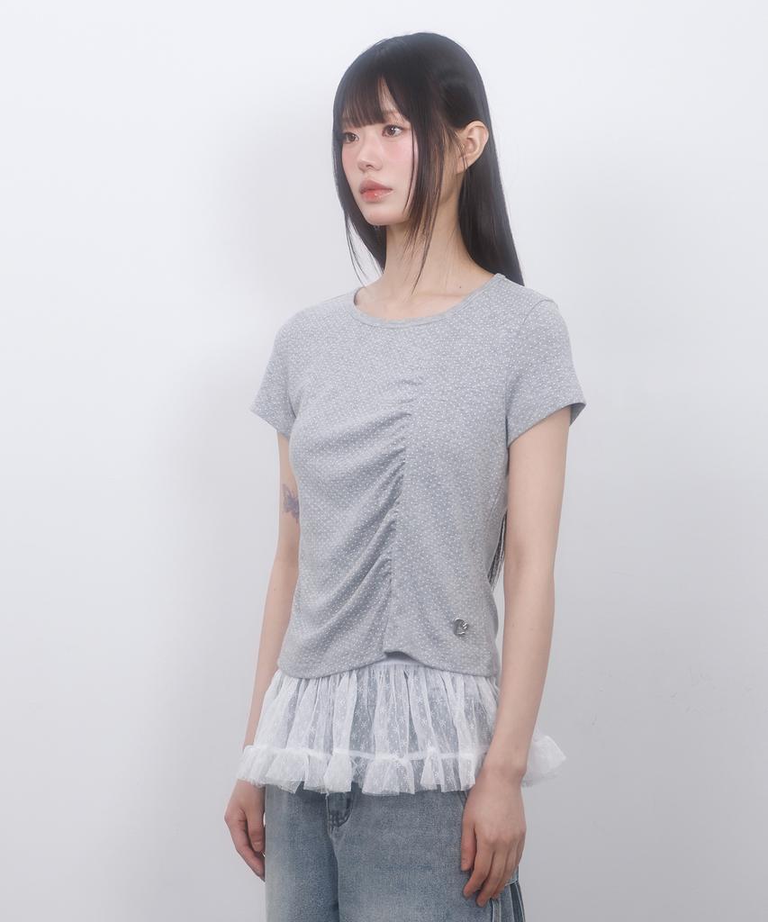 LMR Dot Shirred Short Sleeve T-Shirt Grey