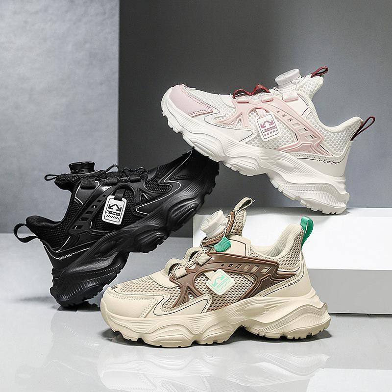 Boys white sneakers children's little white shoes rotating button white shoes double mesh breathable girls running shoes breathable shoes