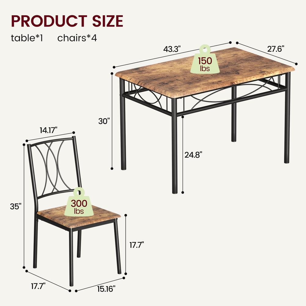 5 Piece Dining Table Set Kitchen Table and 4 Upholstered Chairs Metal and Wood Rectangular for Dining Room Small Space